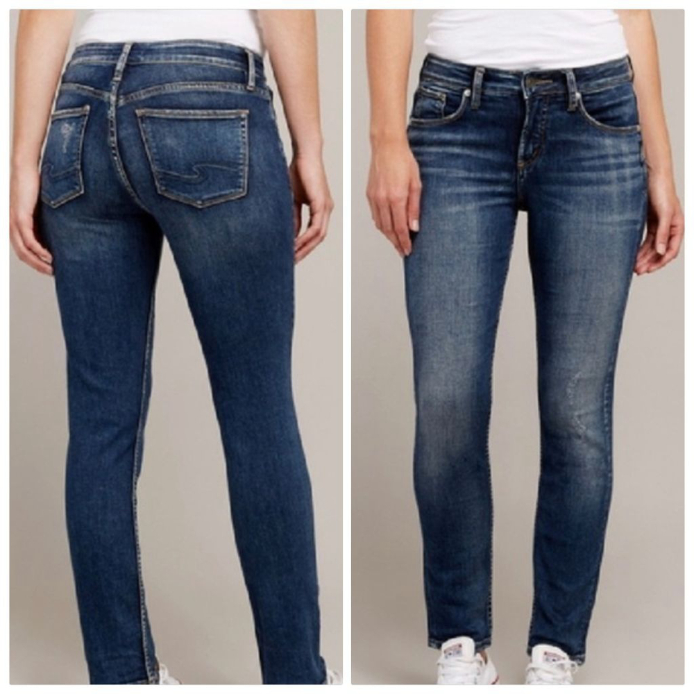 Silver Avery Slim Skinny Leg Jeans Dark Blue Mid Rise Distressed Stretch 31 12